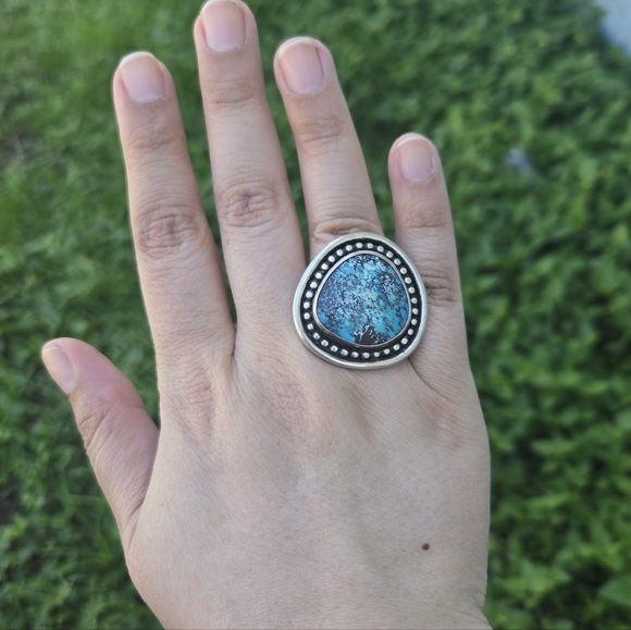Numi Olive Chinese Redskin Turquoise Sterling Silver Ring - Picture 2 of 5
